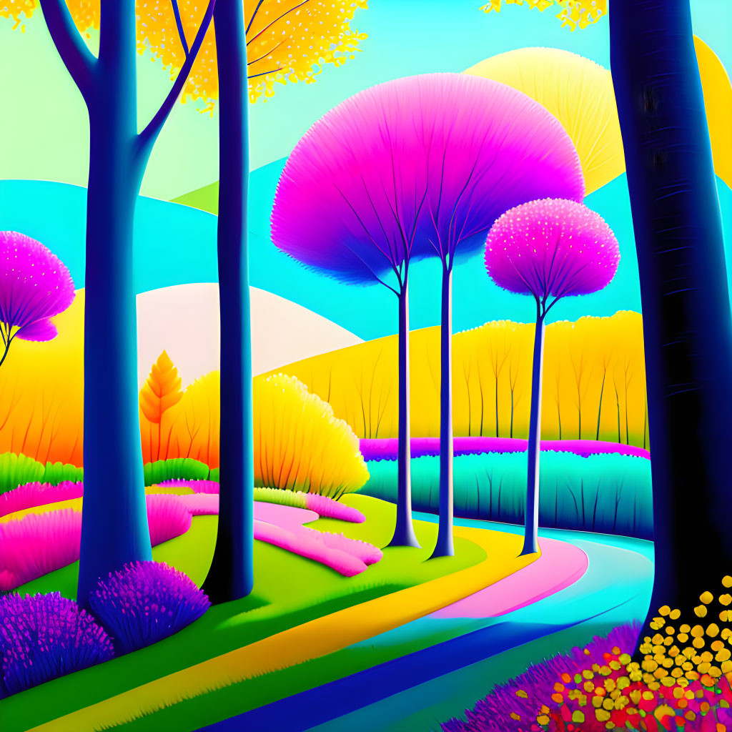 Colorful Landscape with Stylized Trees and Winding Path