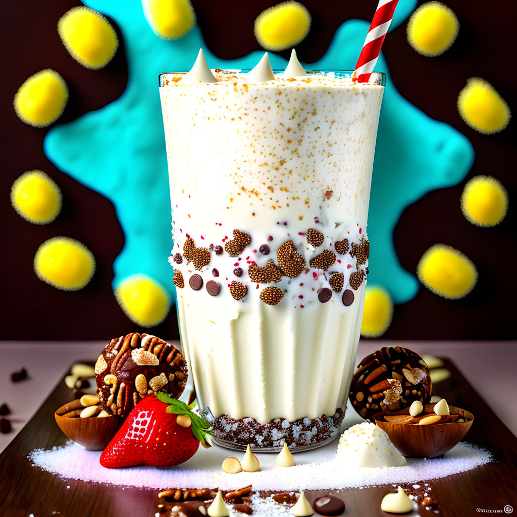 Creamy milkshake with sprinkles, chocolate chips, cookies, nuts, and a strawberry on a