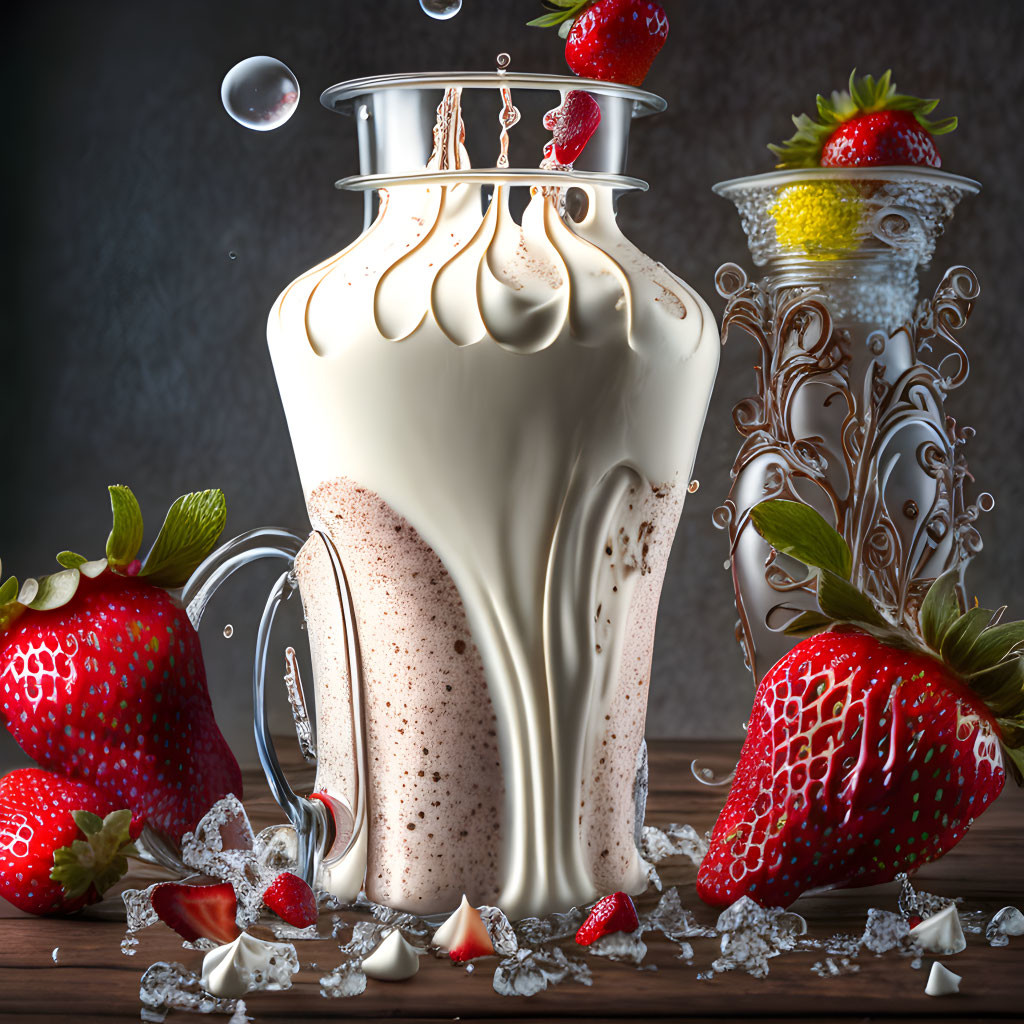 Detailed hyperrealistic milk splash illustration with strawberries and chocolate swirls.