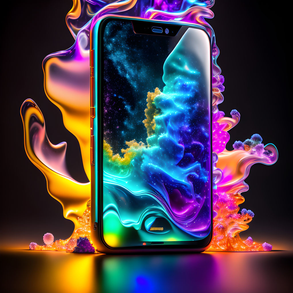 Smartphone with cosmic wallpaper and neon liquid shapes on dark background