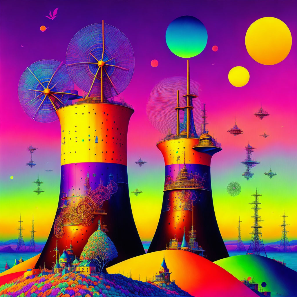 Colorful Psychedelic Landscape with Cooling Towers, Windmills, and Sailboats