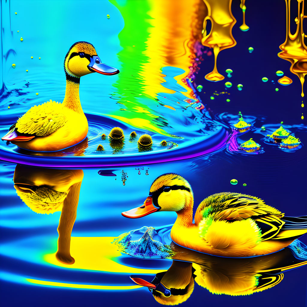 Colorful surreal image: Ducks on reflective surface