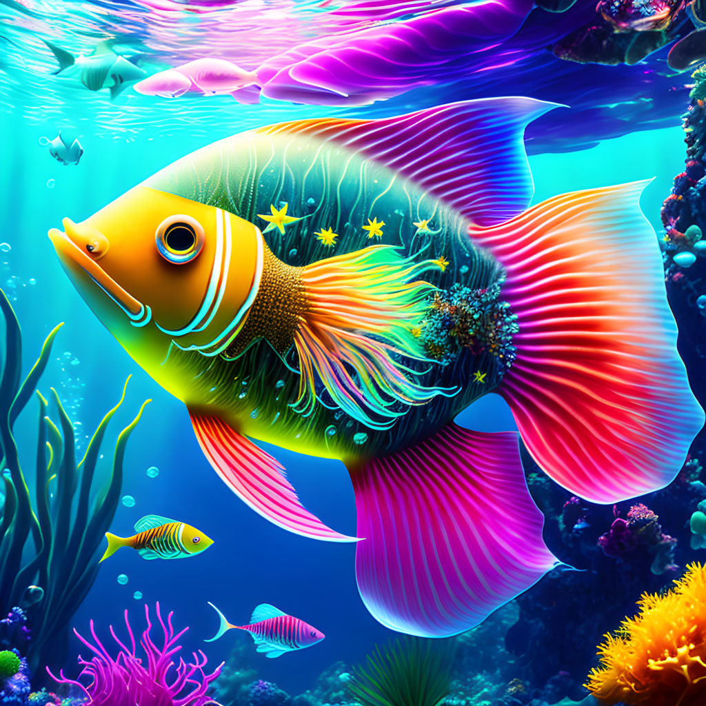 Colorful fantastical fish illustration in vivid underwater scene