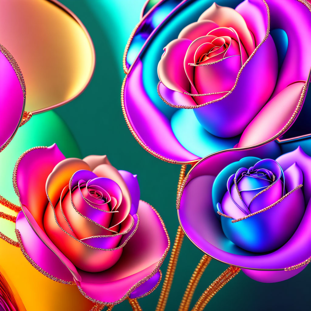 Multicolored glossy roses with golden accents on teal background