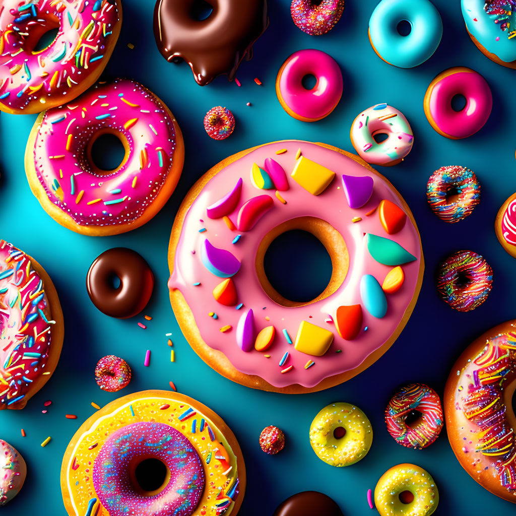 Colorful Donuts with Various Toppings on Blue Background