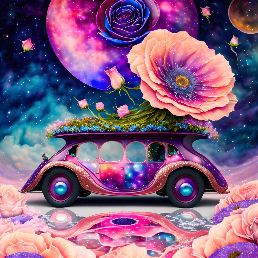 Purple galaxy-themed car in whimsical floral landscape