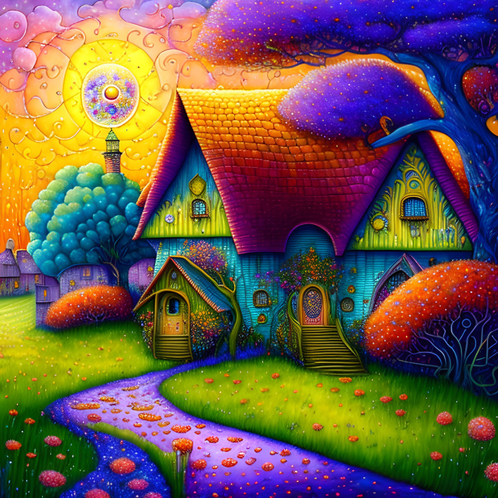 Colorful fantasy cottage with thatched roof in whimsical painting