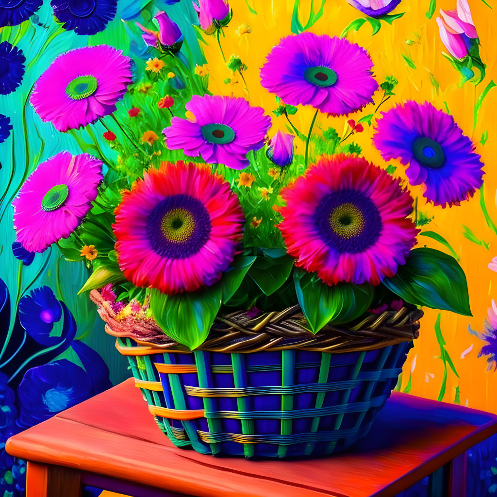 Colorful digital artwork: Basket with pink and purple flowers on yellow and blue backdrop