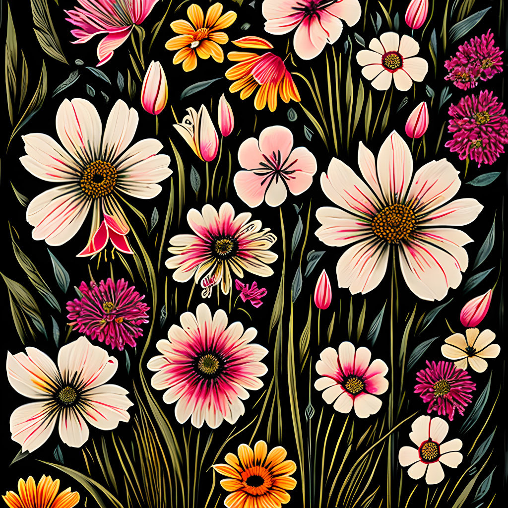 Colorful Flower Pattern on Dark Background