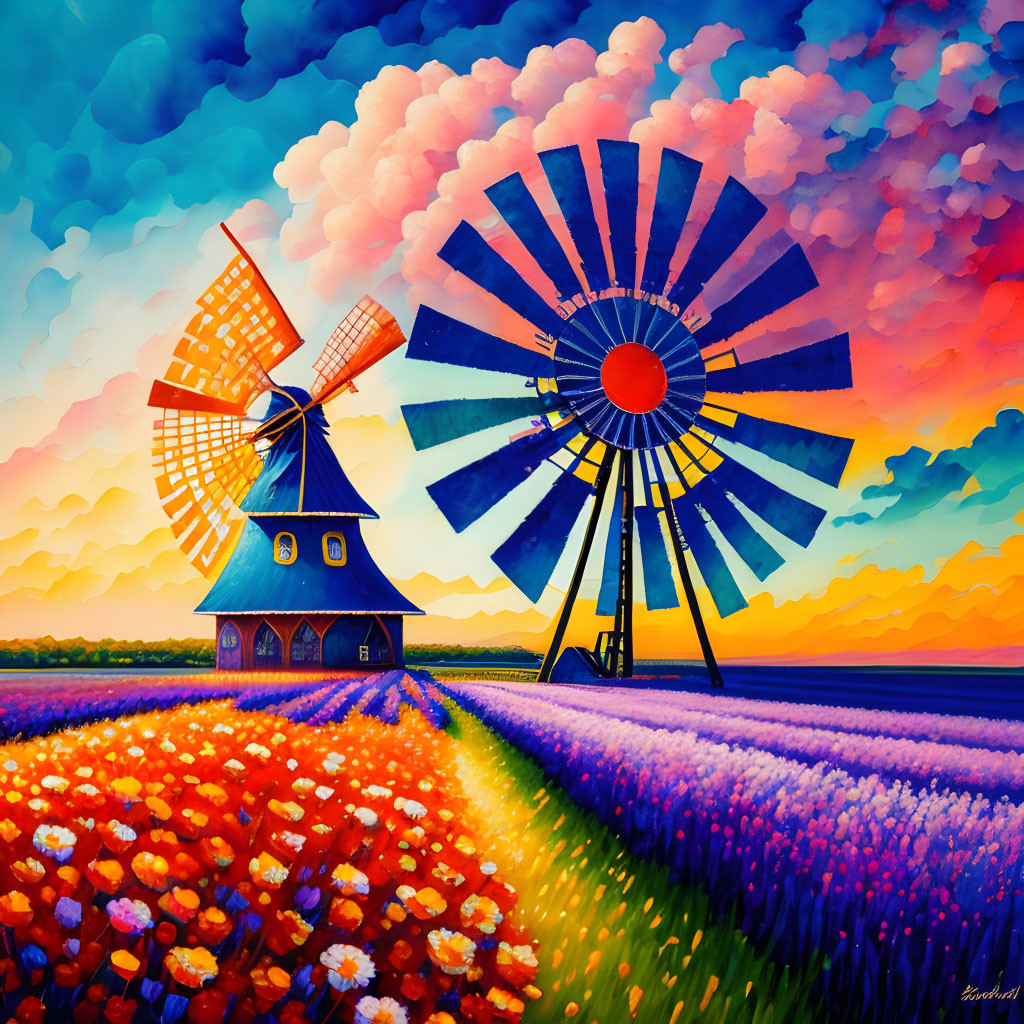 Colorful Landscape with Windmill, Turbine, and Flowers at Sunset