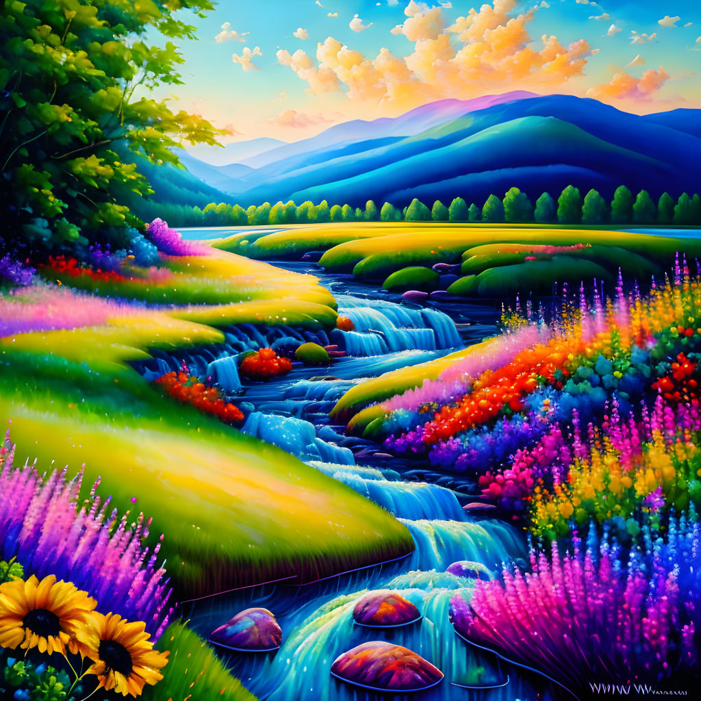 Colorful landscape with streams, hills, and vibrant flowers under rainbow sky