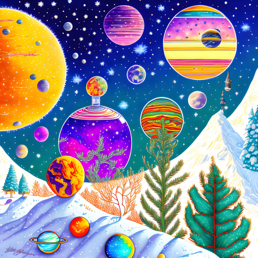 Colorful Night Sky Illustration with Planets, Stars, Christmas Bauble, Aquatic Scene,