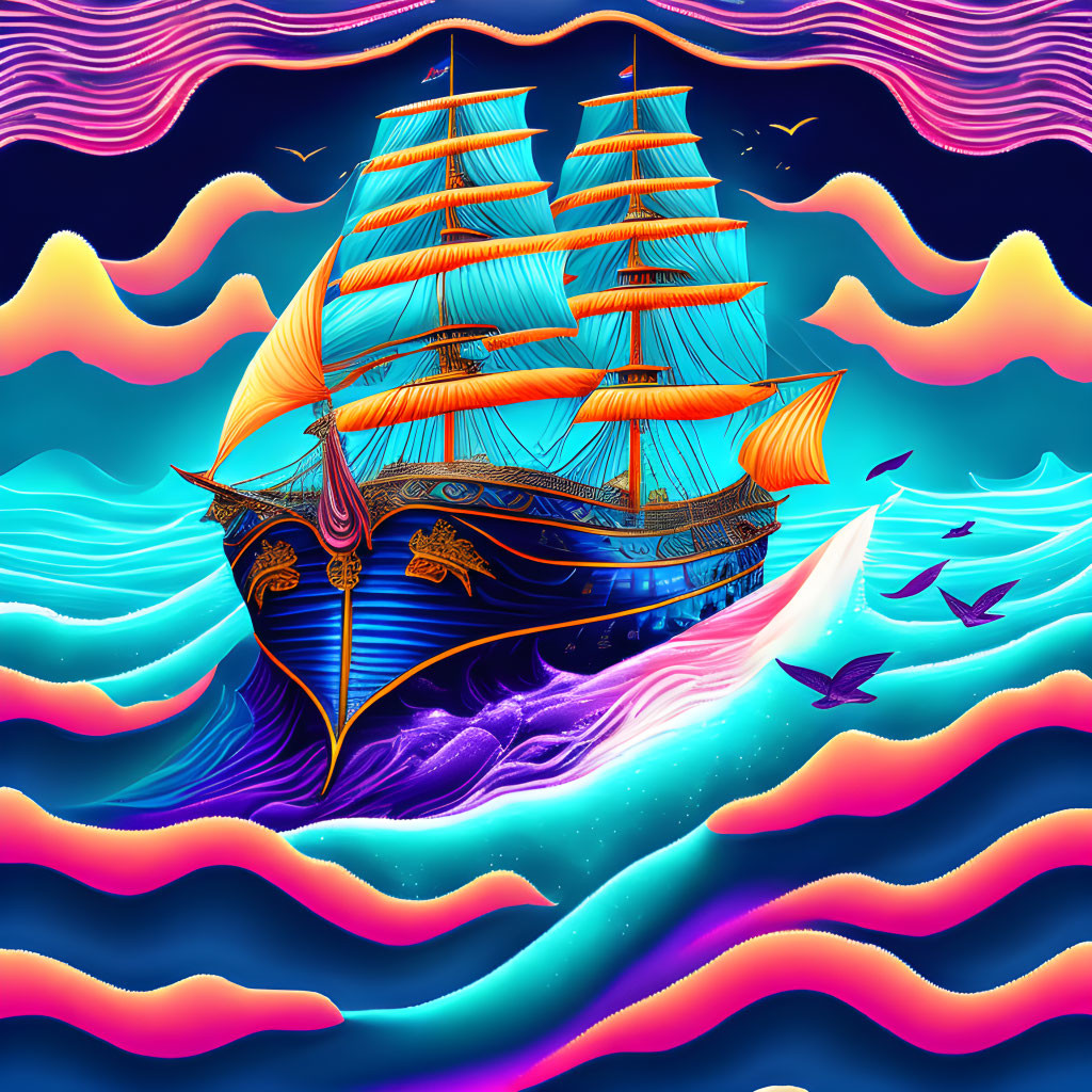 Colorful illustration of old sailing ship on psychedelic waves with dolphins and birds.