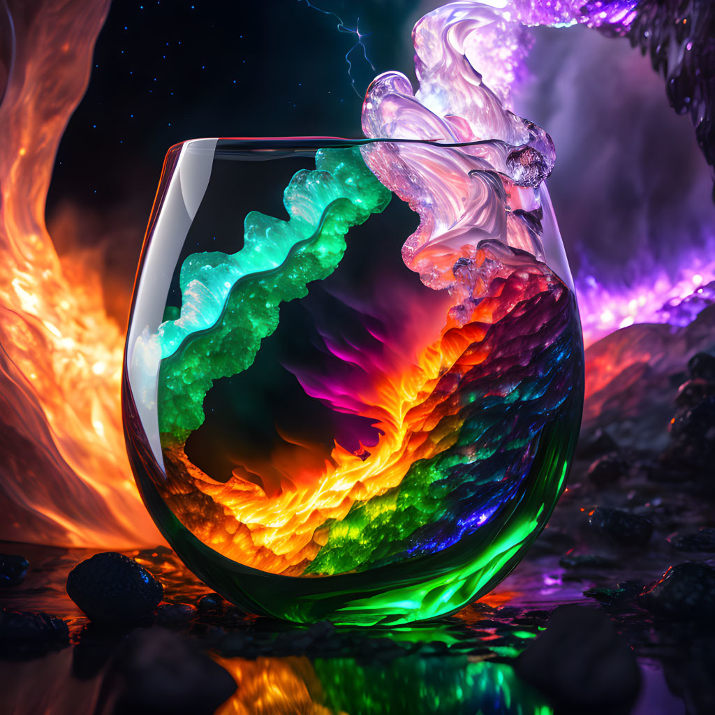 Colorful Spiraling Concoction in Glass with Mystical Background