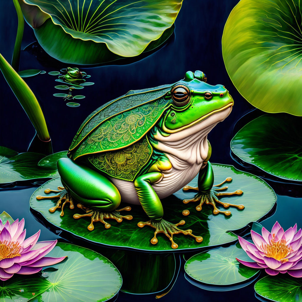 Colorful digital artwork: stylized frog on lily pad with intricate patterns.