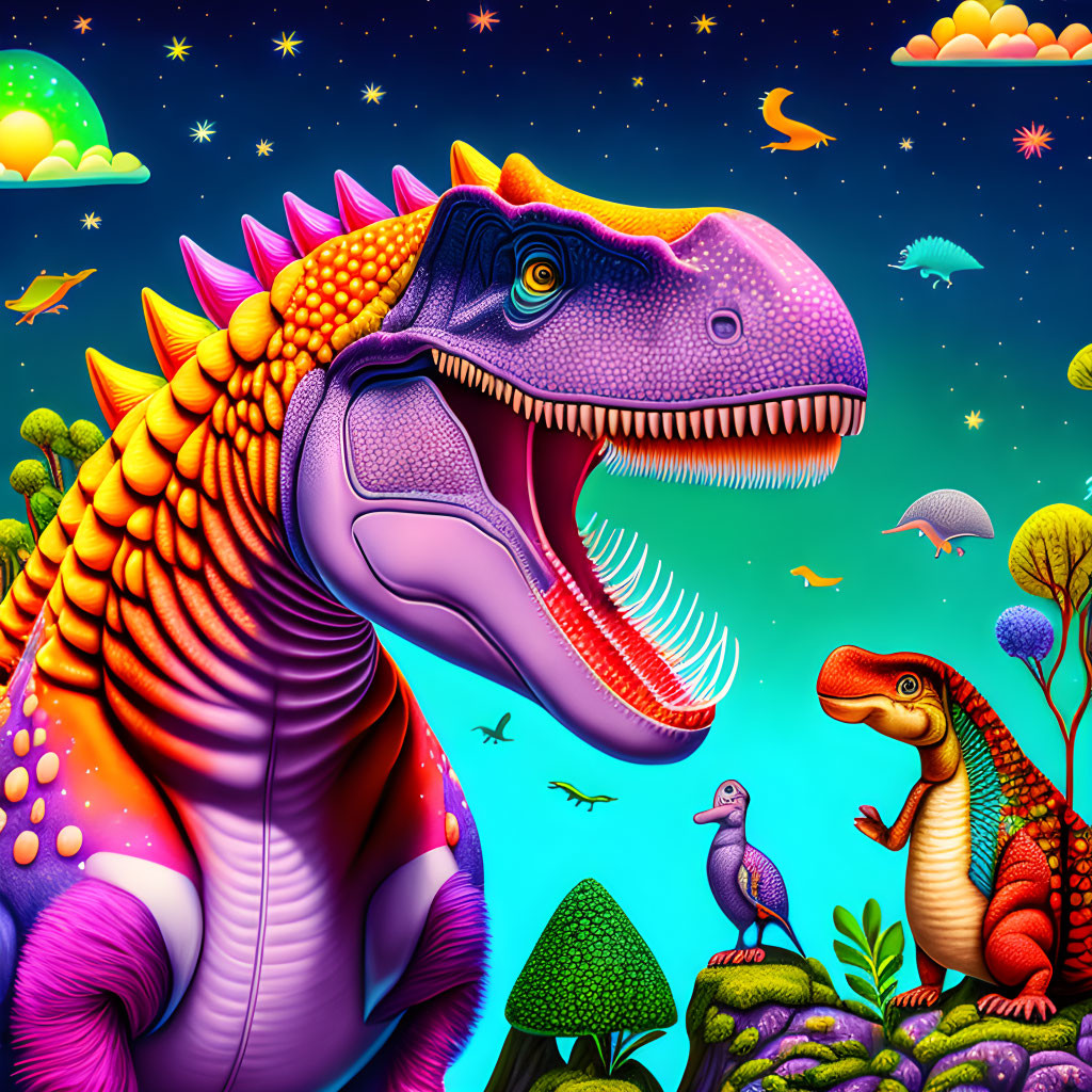 Vibrant T-Rex and dinosaurs in whimsical landscape