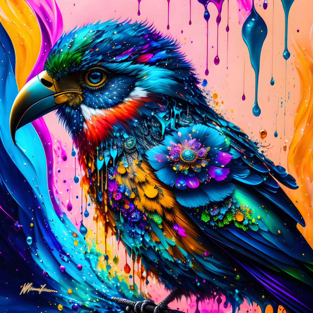 Colorful Eagle Artwork with Floral Patterns and Paint Textures