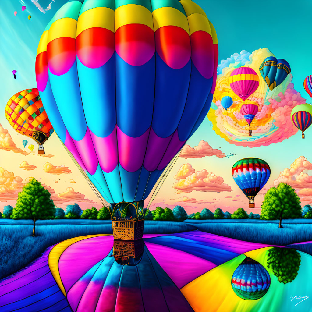 Colorful hot air balloons float over patchwork landscape with clear blue sky