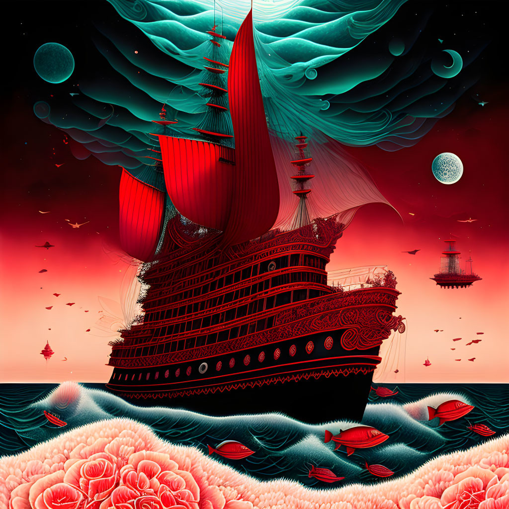 Fantastical red and black sailboat on sea of roses with surreal sky