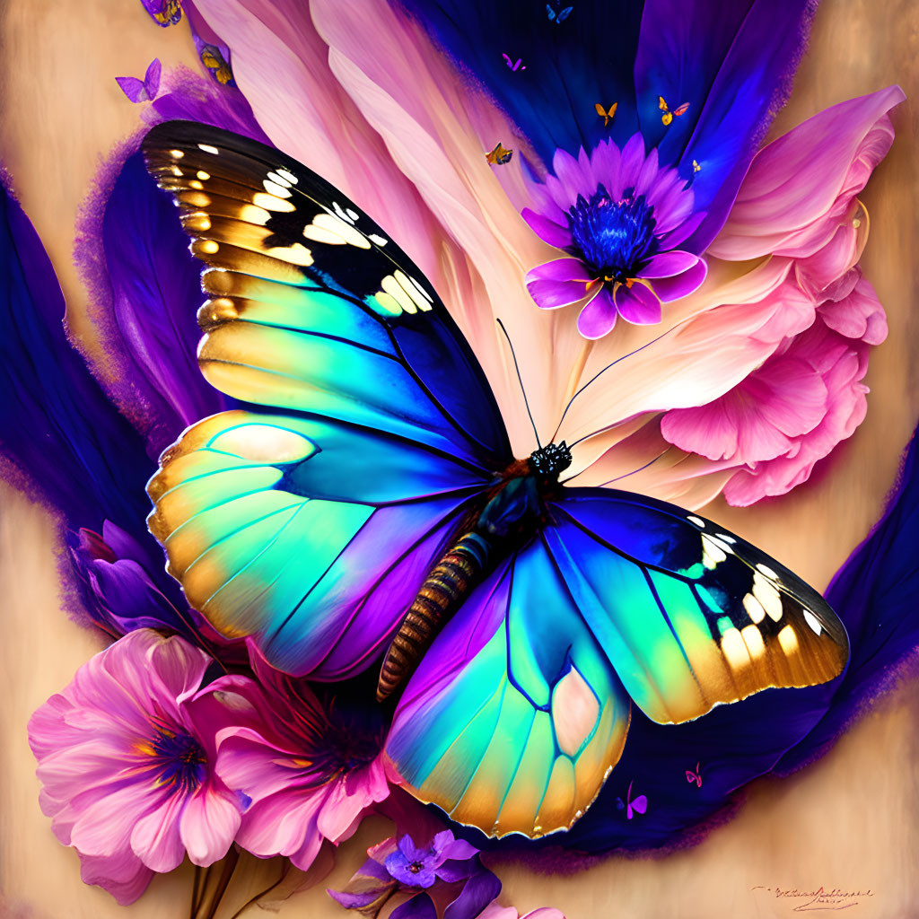 Colorful Butterfly on Pink and Purple Flowers in Dreamlike Setting