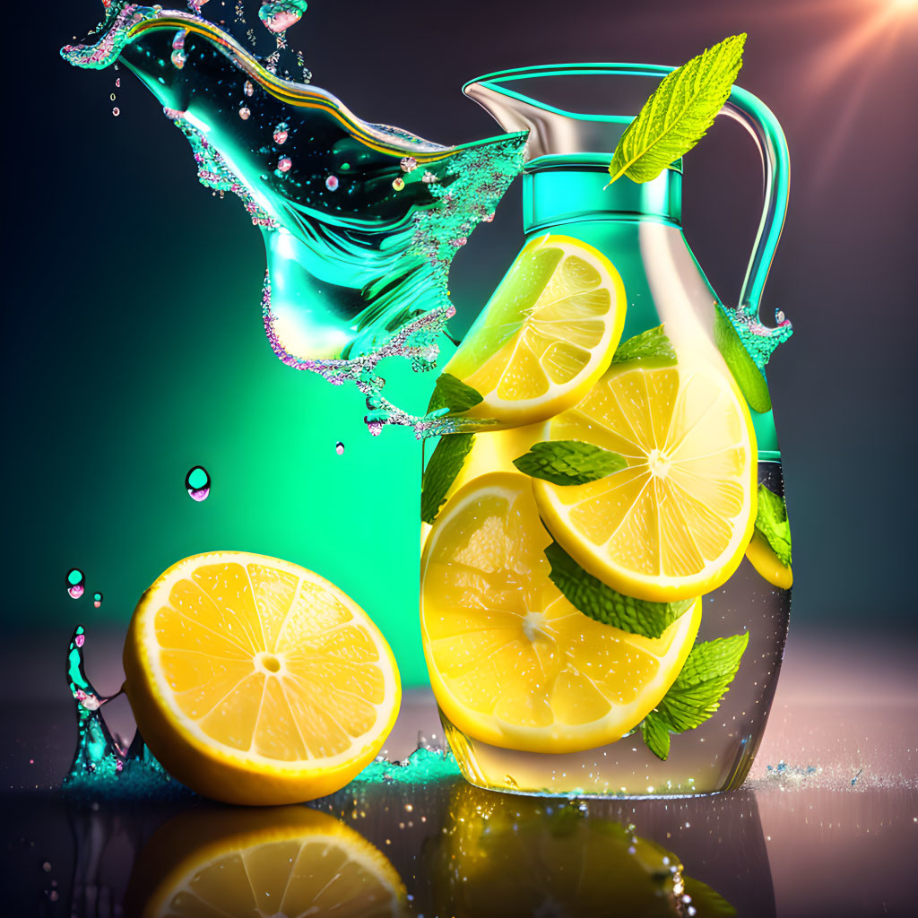 Colorful pitcher with lemon water, sliced lemons, and mint leaves on two-tone background.