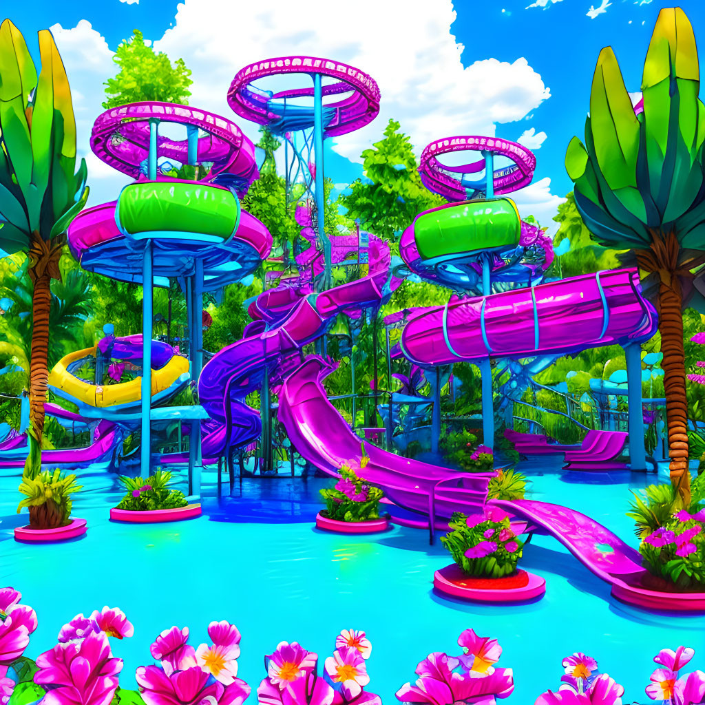 Vibrant water park with colorful slides and pools