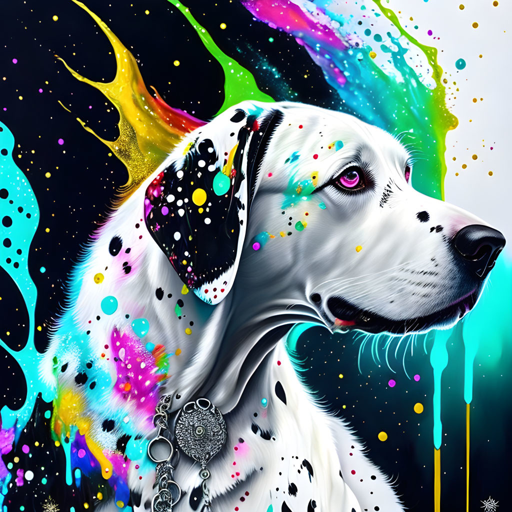 Colorful Dalmatian Dog Artwork with Cosmic Background