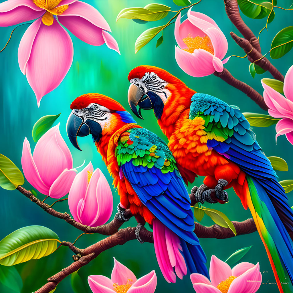 Vibrant macaws perched on branch with pink flowers in green setting