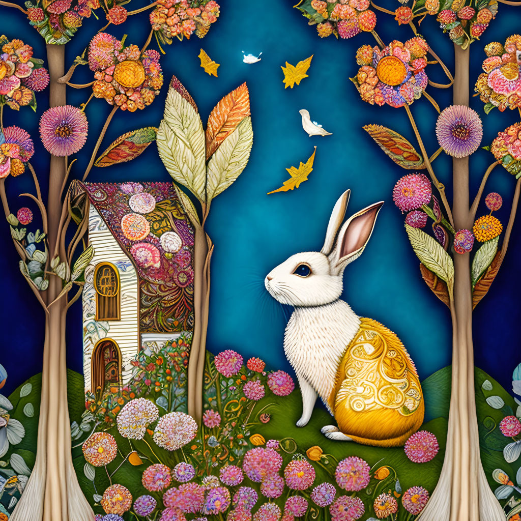 Illustration of white rabbit with golden egg in vibrant forest landscape