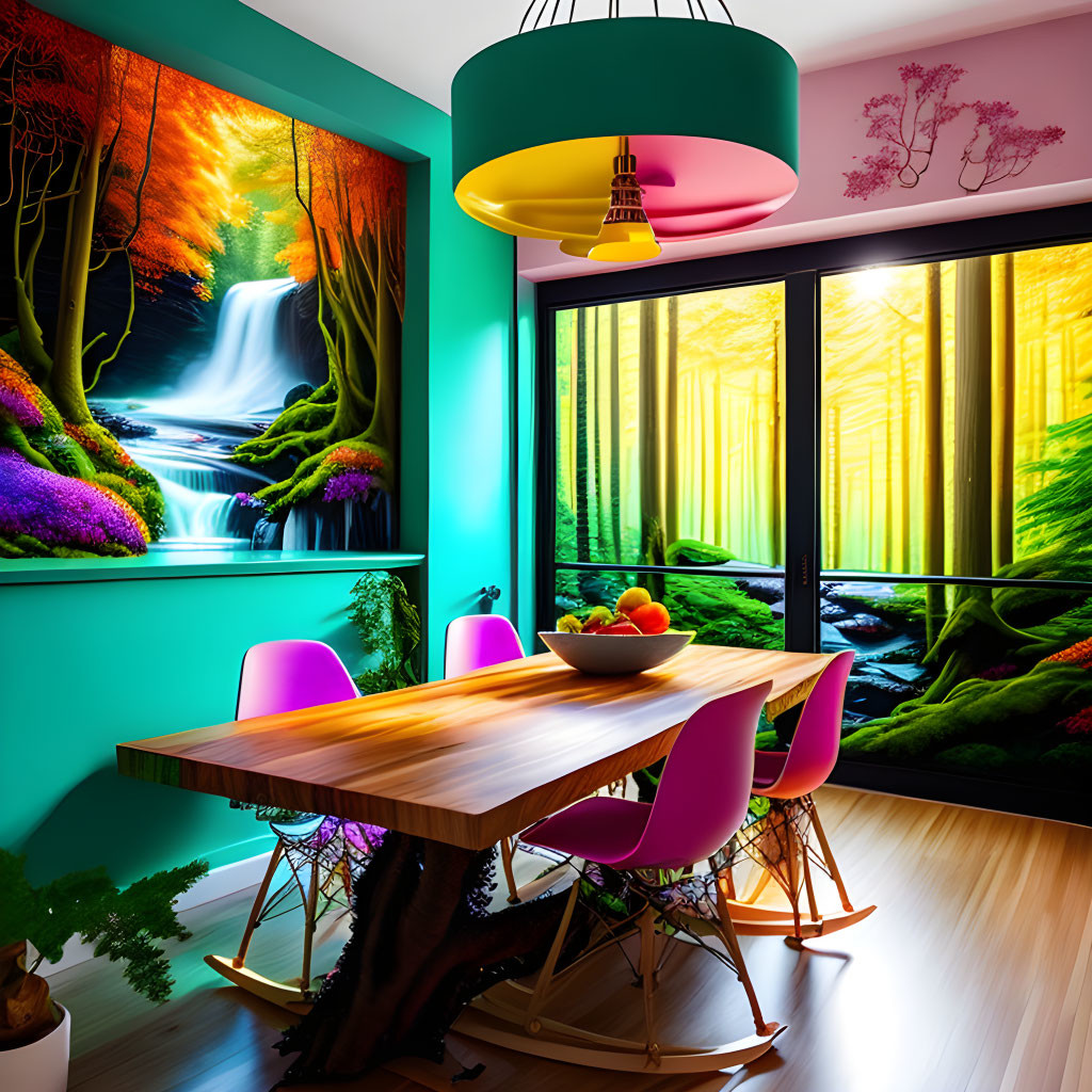 Colorful Dining Room with Wooden Table & Nature-Themed Art