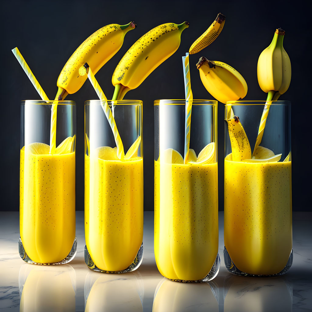 Five glasses of banana smoothie with straws and whole bananas on reflective surface