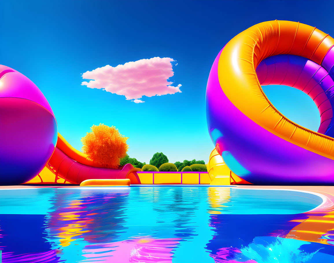 Colorful Pool Scene with Inflatable Slide and Rings