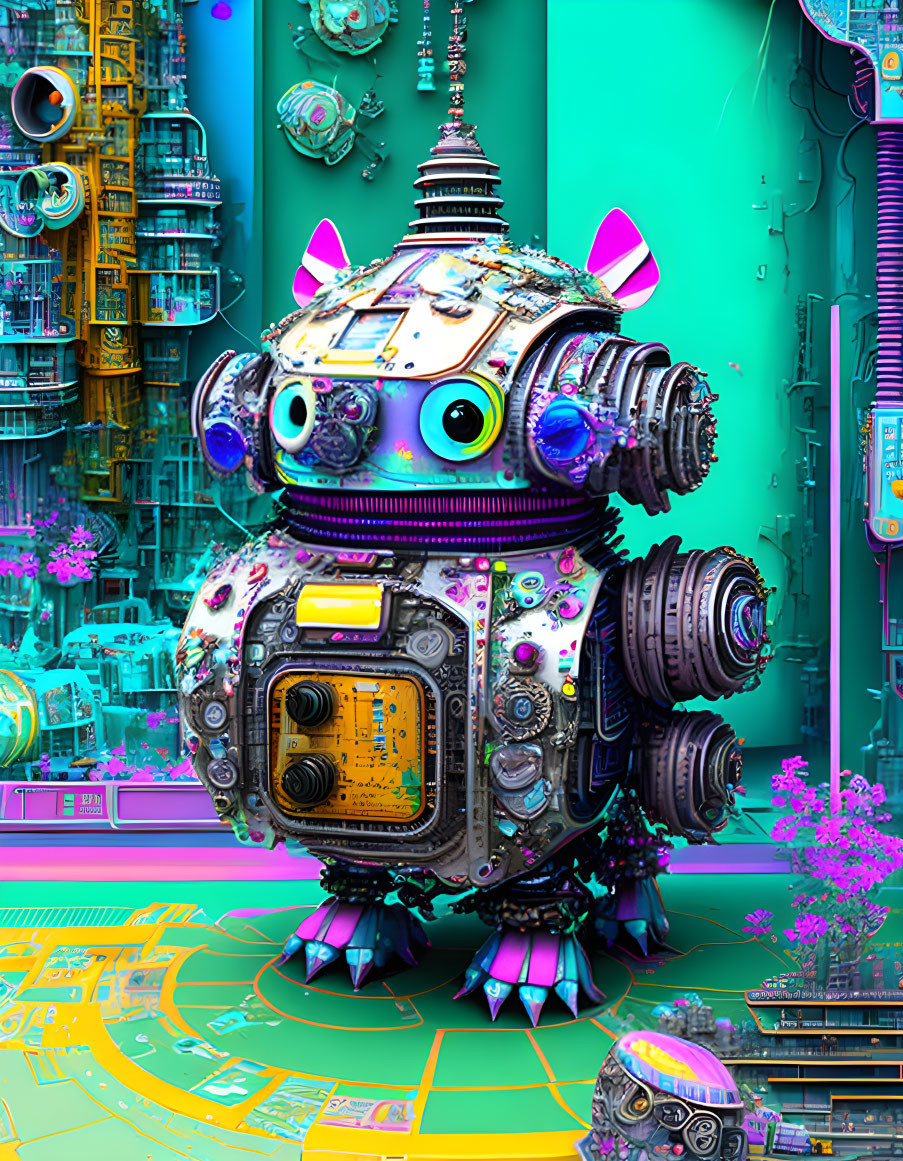 Vibrant illustration of whimsical robot in futuristic setting