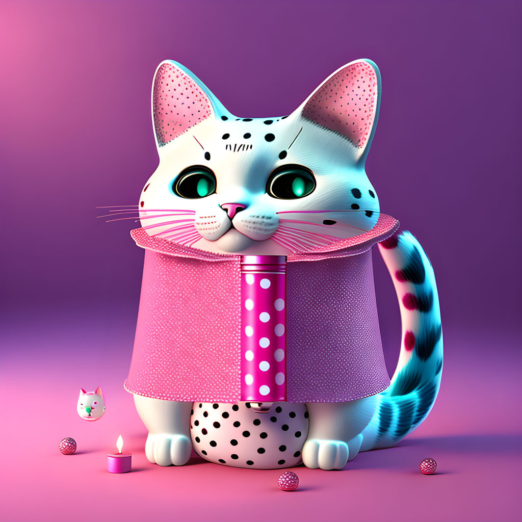 Whimsical large cat with smaller feline, polka-dotted balls, and candle on purple