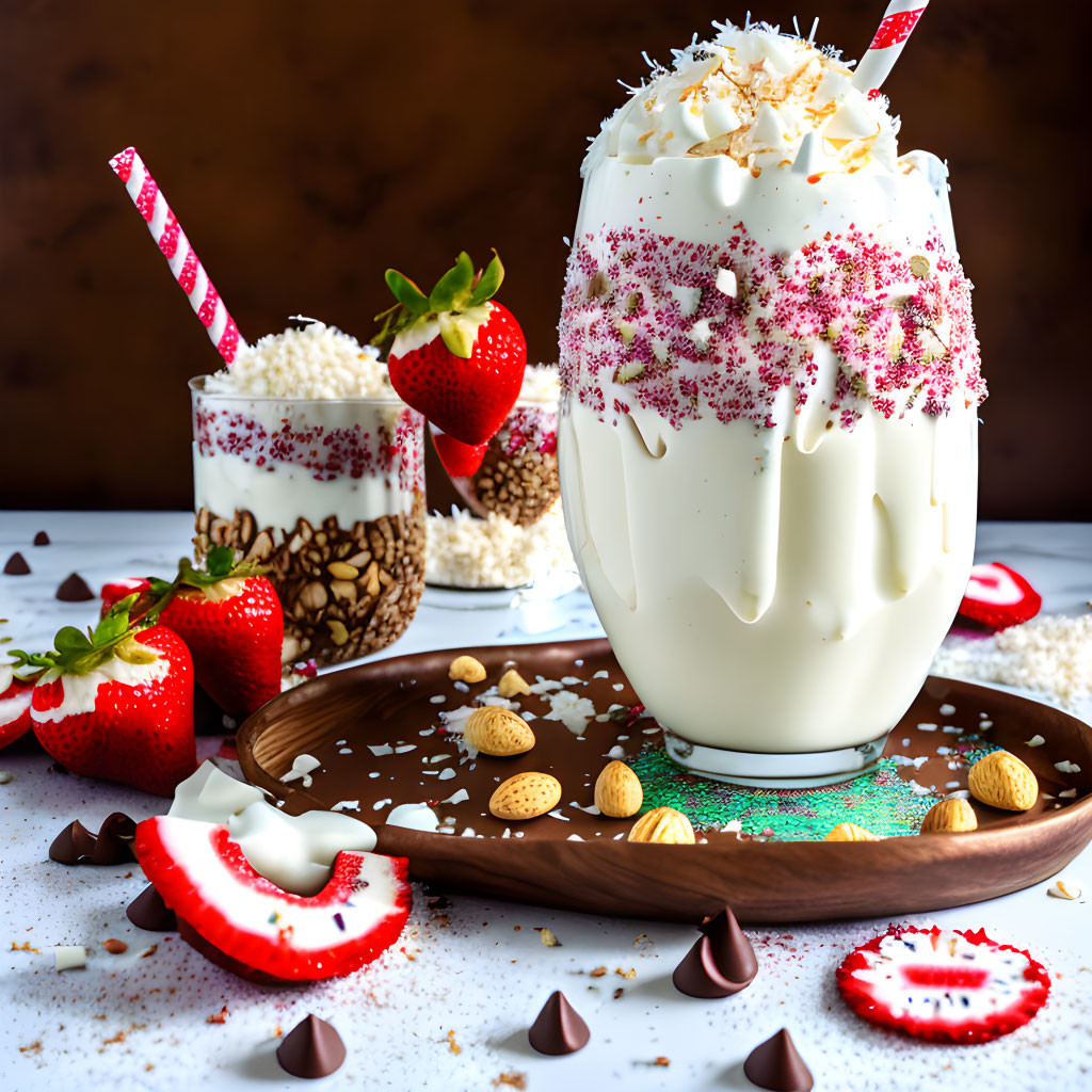 Decadent milkshake with whipped cream, strawberries, almonds, and more