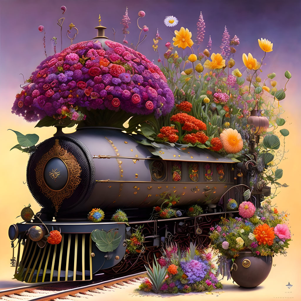 Colorful Flower-Filled Steam Locomotive Painting on Purple Sky