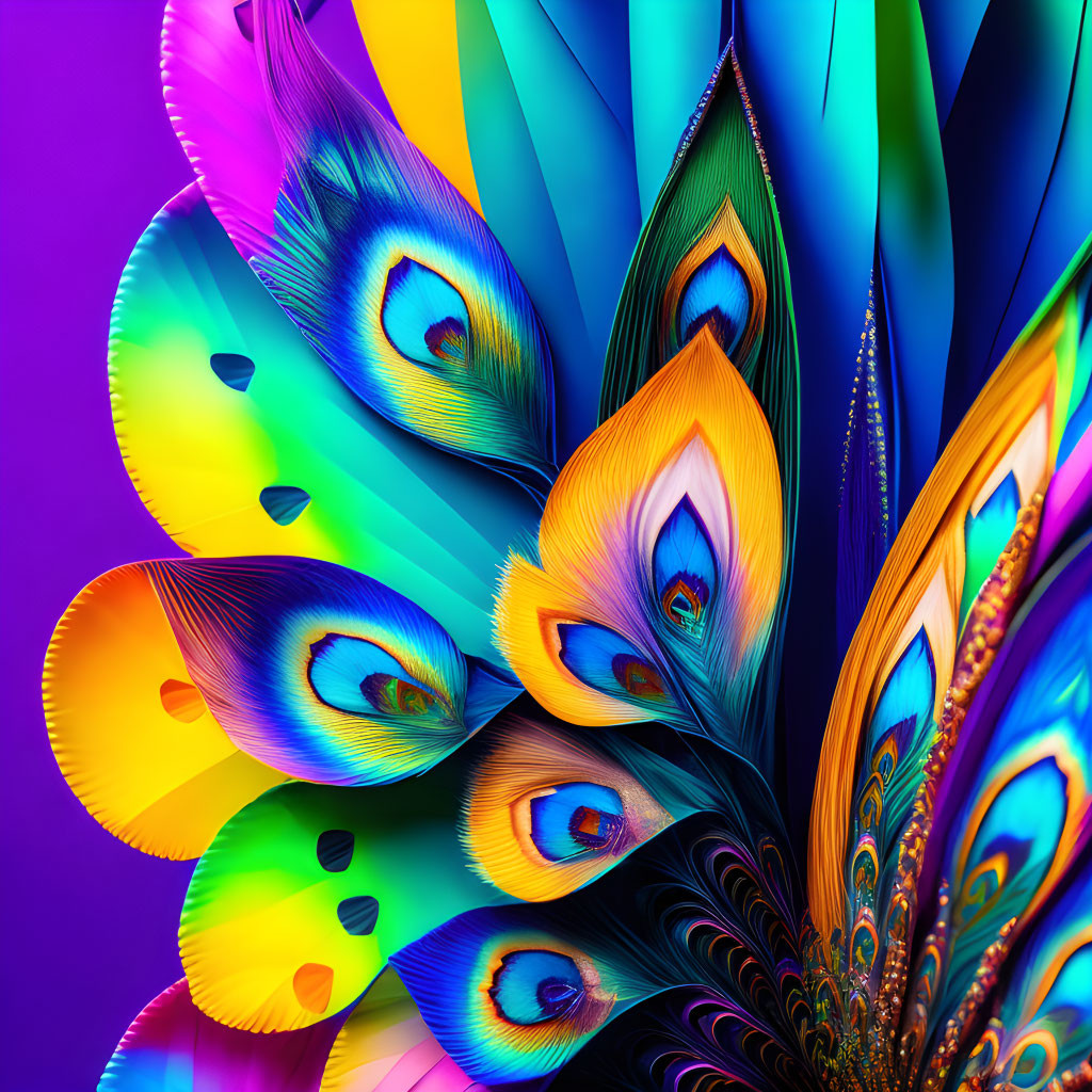 Colorful digital artwork: Peacock feathers, neon colors, purple gradient.