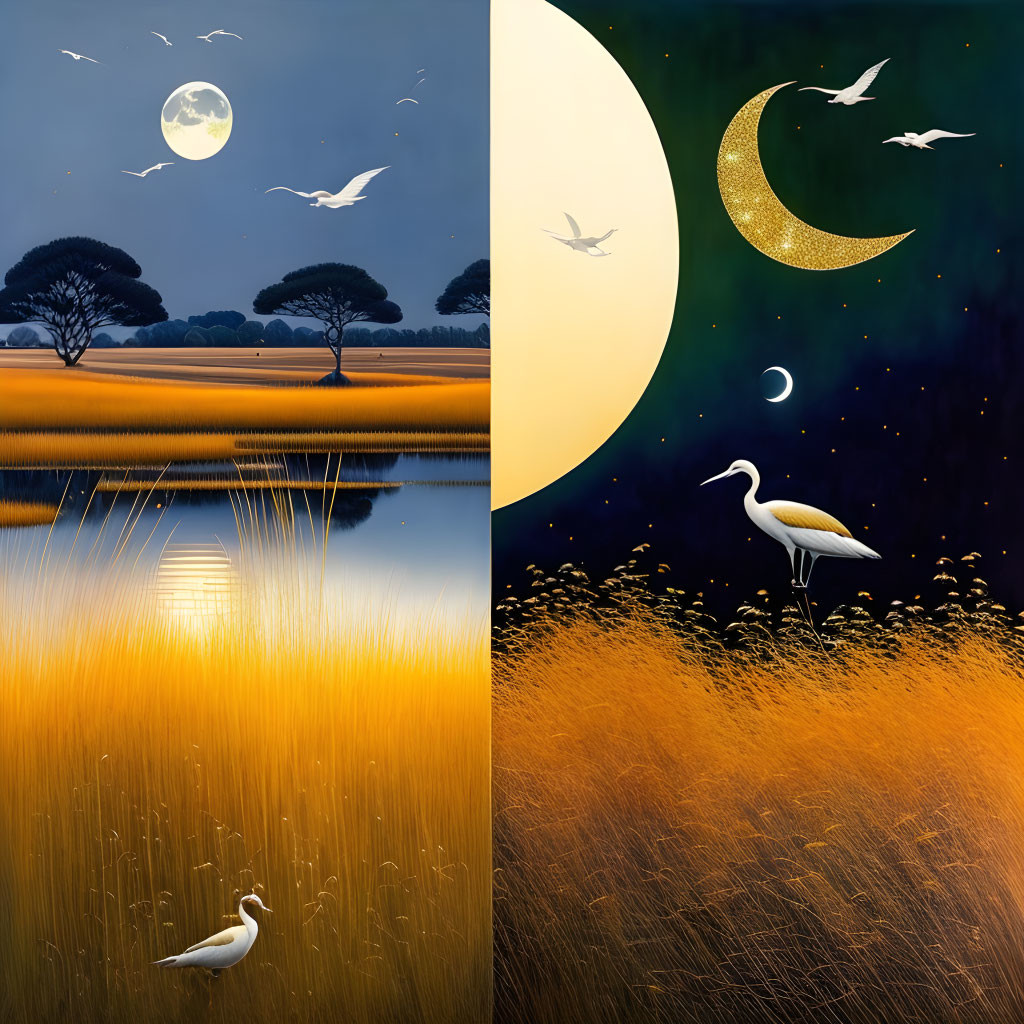 Split-image of surreal landscape: dusk with birds over golden fields under full moon, night with crescent