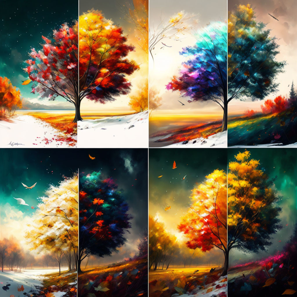 Seasonal Tree Collage Featuring Vibrant Stylized Panels