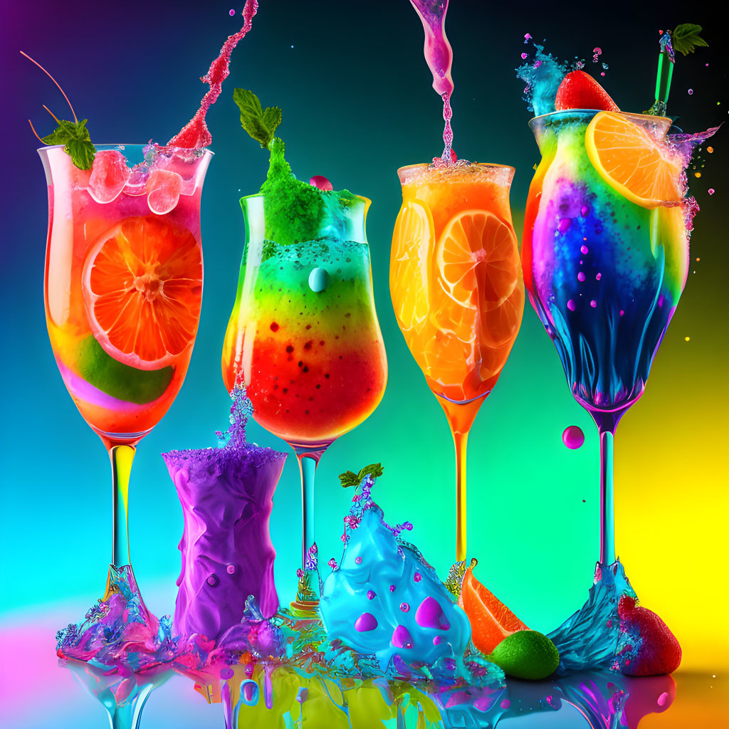 Colorful Cocktails with Fruit Garnishes on Vibrant Backgrounds