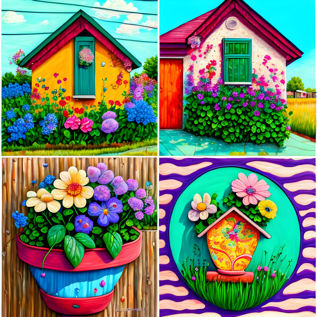 Colorful garden scenes with whimsical houses and lush flowers in pots