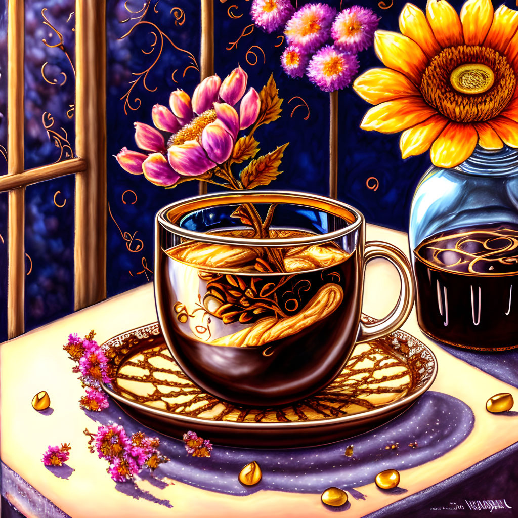 Colorful Coffee Cup and Floral Jar on Blue Background