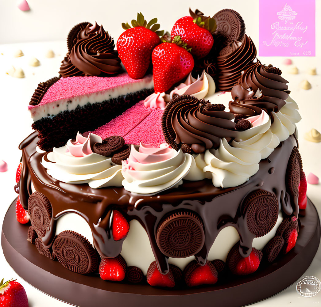 Decadent Chocolate Cake with Fresh Strawberries and Whipped Cream