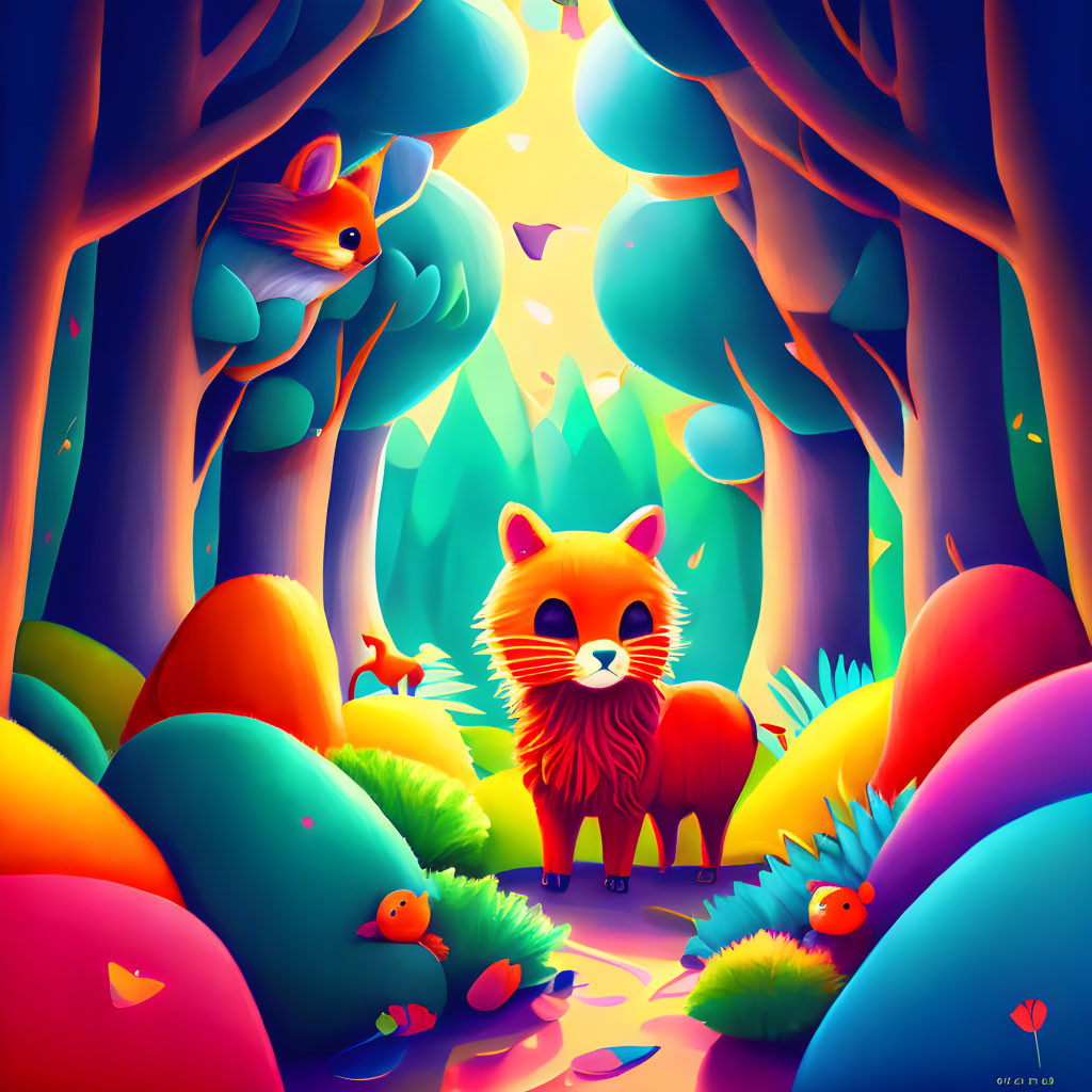 Colorful forest illustration with animals and heart-shaped leaves