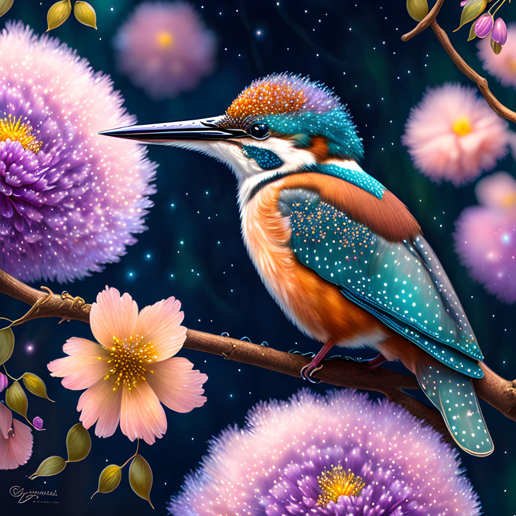 Colorful kingfisher on branch with pink blossoms and purple flowers against starry sky