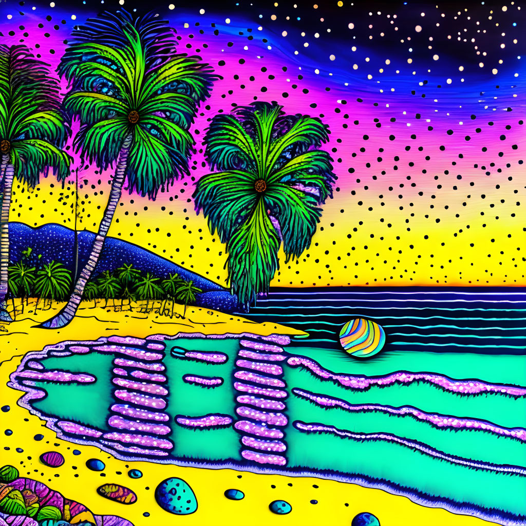 Colorful Psychedelic Beach Scene with Neon Palm Trees and Striped Ball