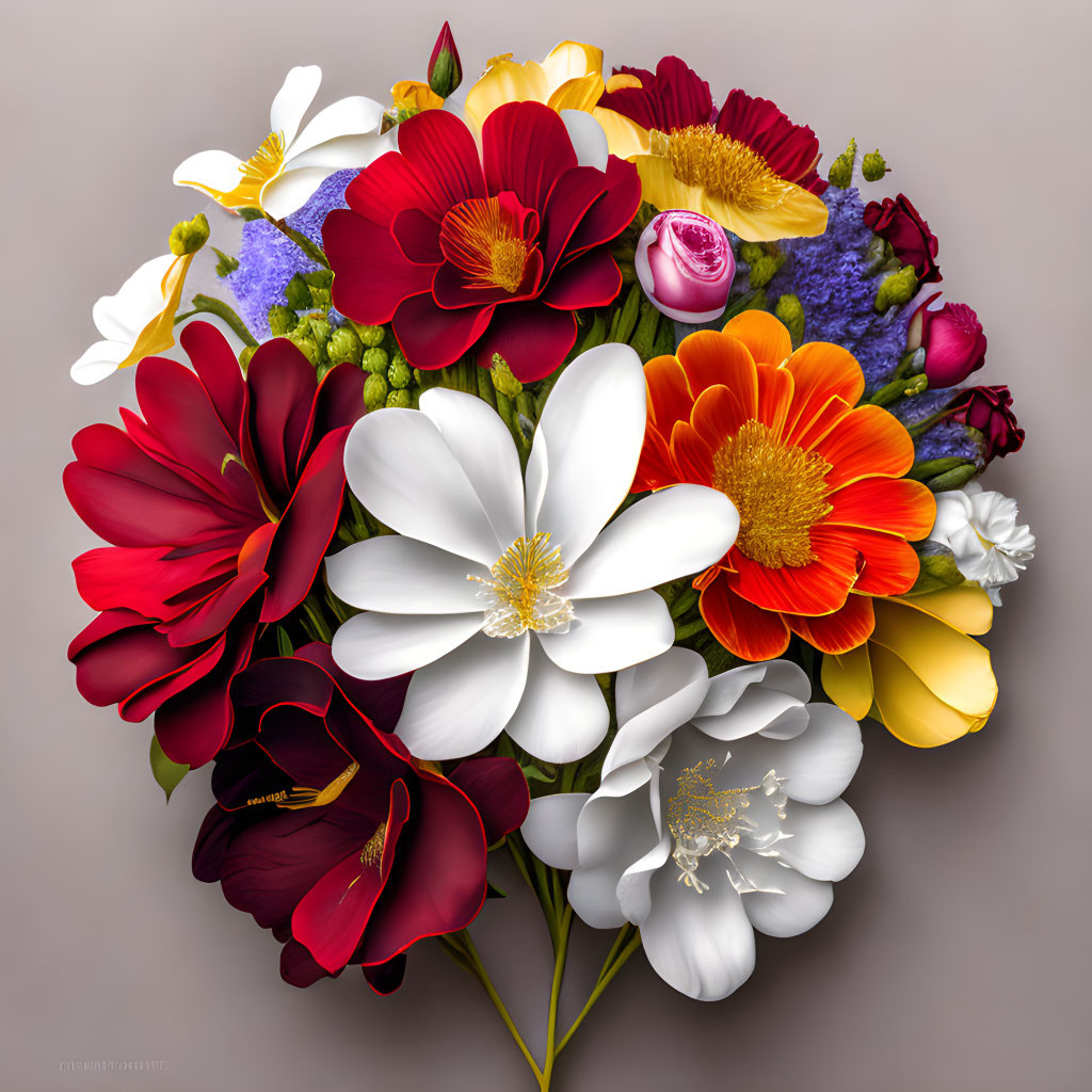 Assorted vibrant flowers with large white blooms and colorful petals on light background