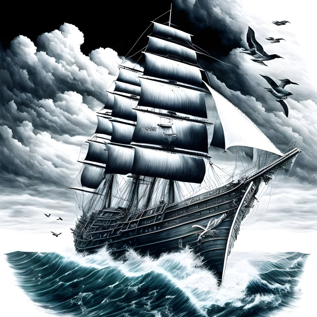 Monochromatic artwork of sailing ship in rough seas.