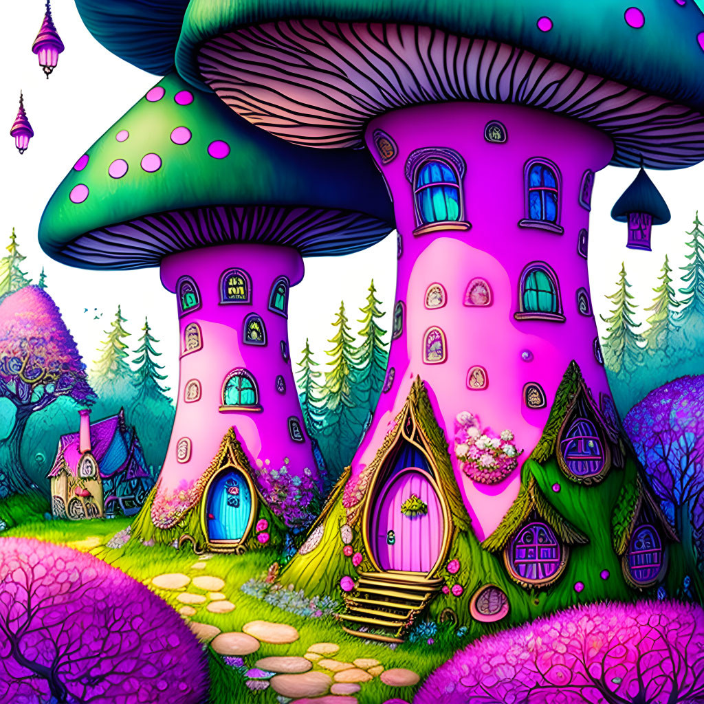 Colorful Mushroom Houses in Forest with Cobblestone Paths