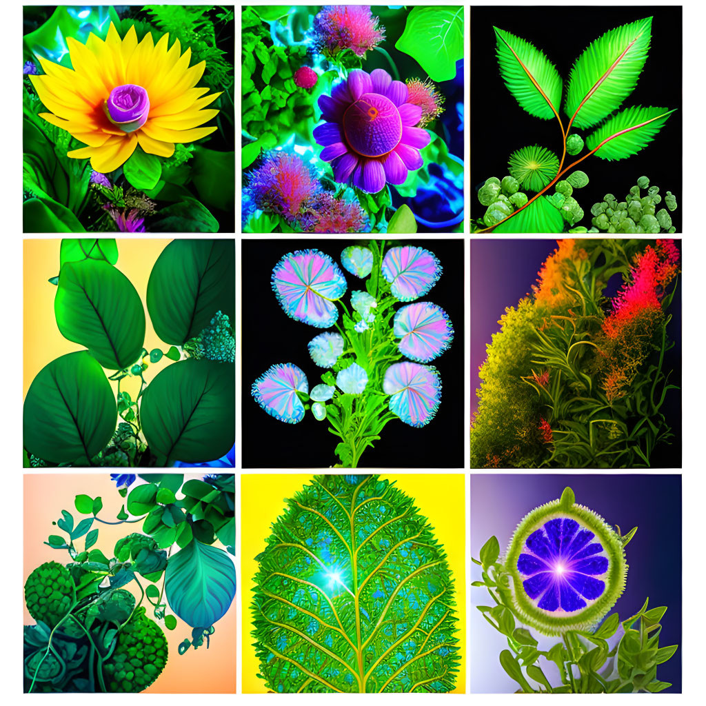 Nine Neon-Glow Plants and Flowers Collage on Black Background